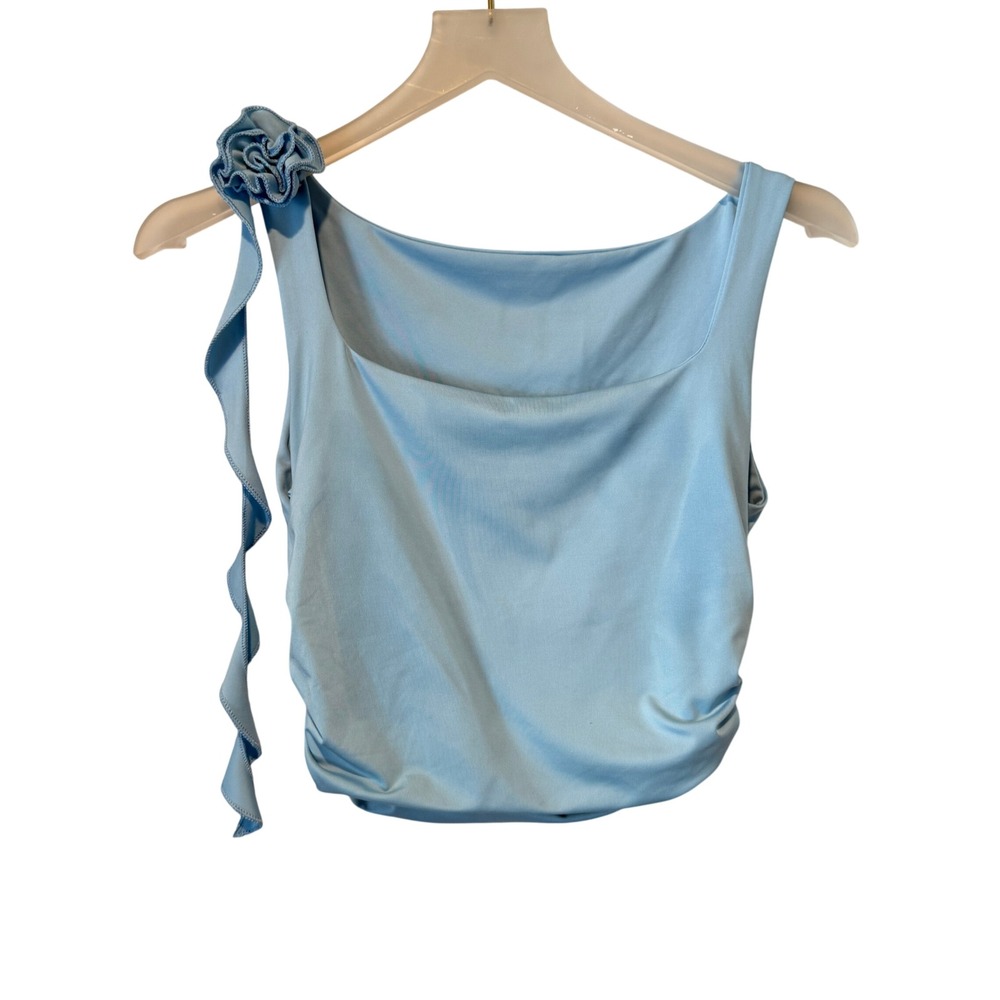 Baby‎ Blue Rosette Ruffle Cowl Neck Ruched Sleeveless Top Small